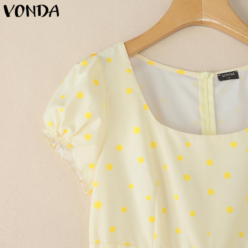 VONDA Women Square Collar Puff Sleeve Polka Dots Casual Pleated Dress