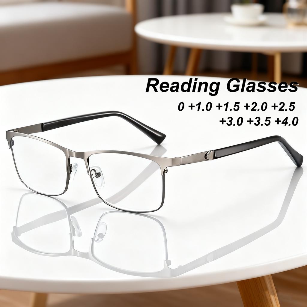 New Business Classic Square Frame Men'S Reading Glasses Ultra Light Neutral High Quality Metal Frame Anti Blue Light Glasses