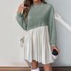 Women Long Sleeve A Line High Waist Pleated Color Block O Neck Long Dress Spring Summer