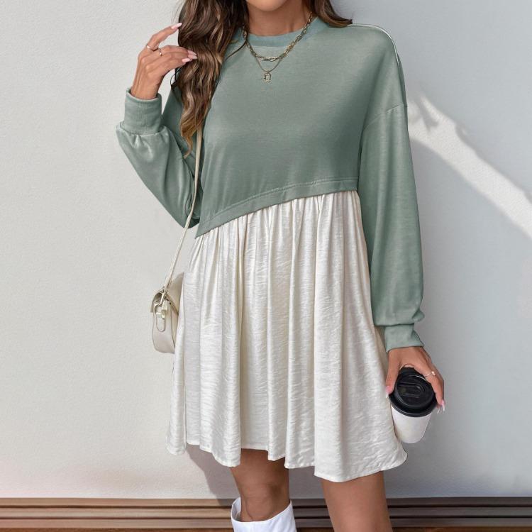 Women Long Sleeve A Line High Waist Pleated Color Block O Neck Long Dress Spring Summer