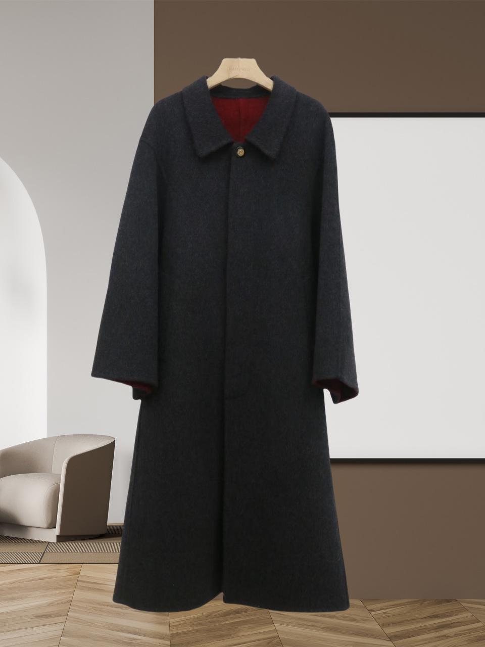 

Двухцветное шерстяное пальто-кокон - Минималистичное, Высококачественное, Утепленное, Свободного кроя, Двустороннее One Size