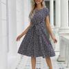 Women Spring Summer Short Sleeve Flower Print Lace Up Pleated Midi Dress Green Blue
