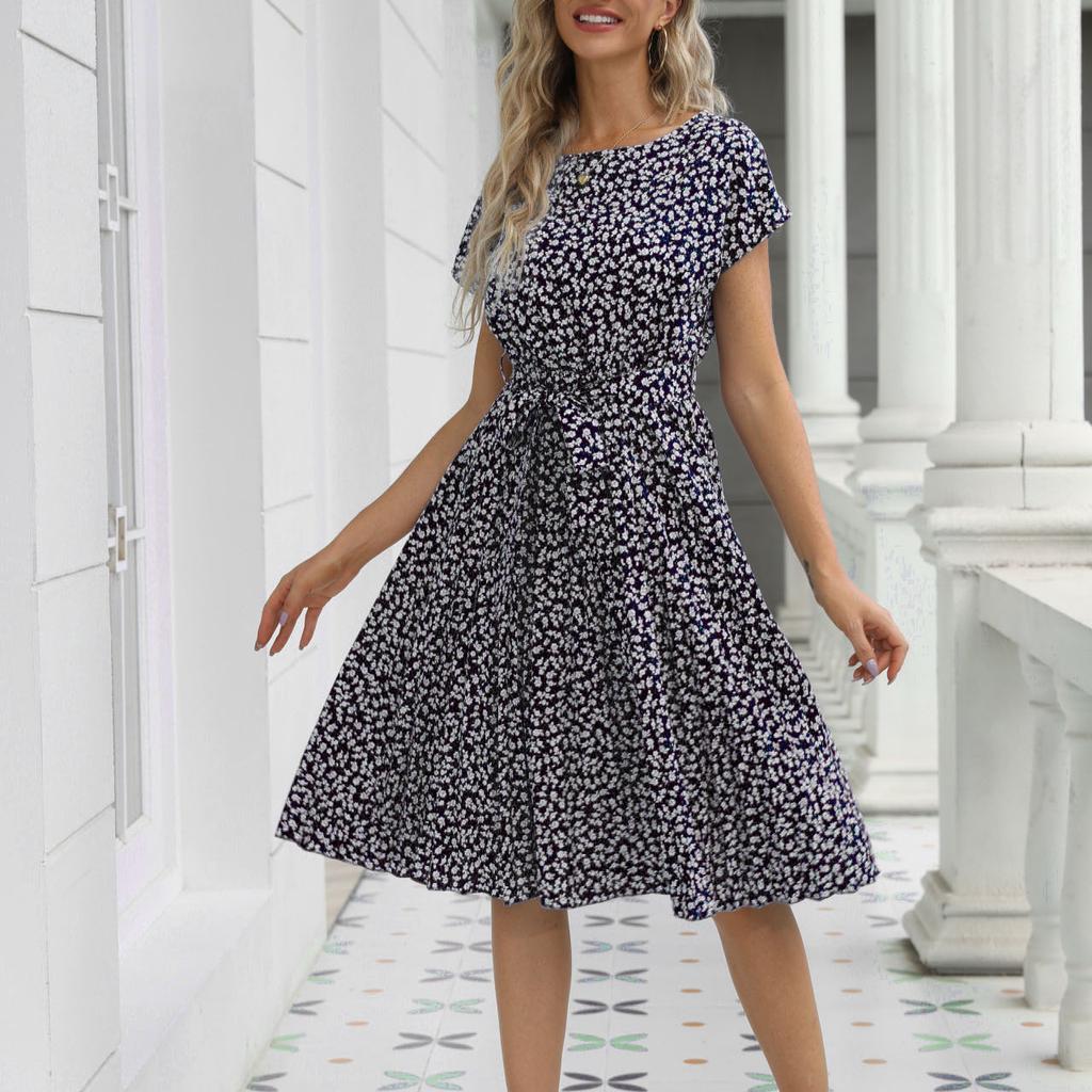 Women Spring Summer Short Sleeve Flower Print Lace Up Pleated Midi Dress Green Blue
