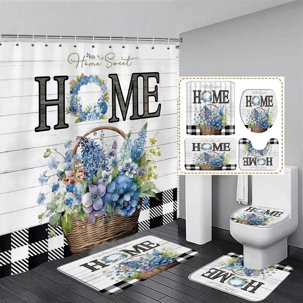 Tulip Flower Basket Rustic Wood Panel Shower Curtain And Rug Bathroom Set Home Washable Hanging Curtain Bath Mats Bathroom Decor