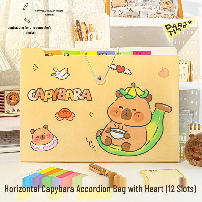 Capybara Accordion A4 Student File Bag - Large Capacity, Multi-Layer Document Organizer