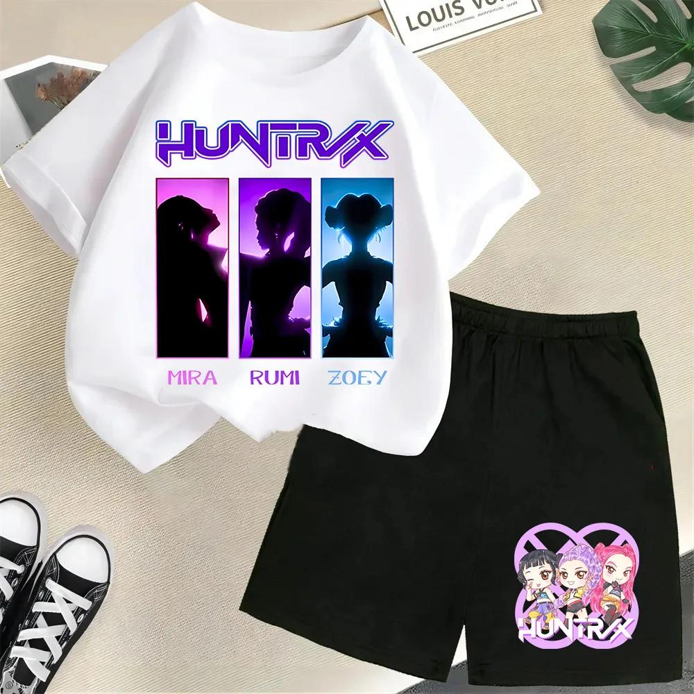 2025 New Children's Korean Wave Demon Hunter Print Fashion Casual Movie Cartoon Boys and Girls Short-sleeved Set