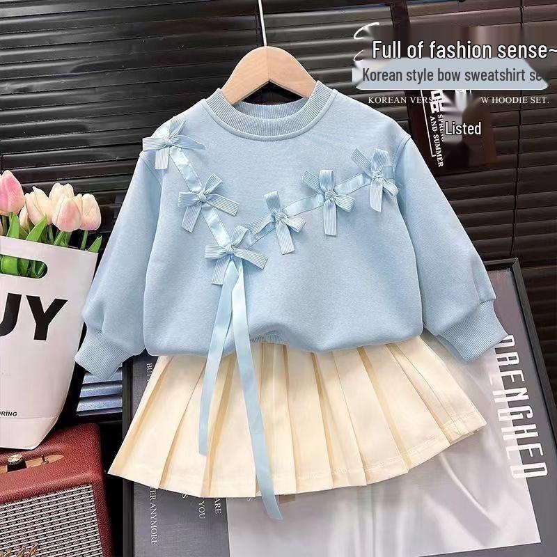 Frühlings- & Herbst-Schleife Langarm-Sweatshirt mit Faltenrock für Mädchen