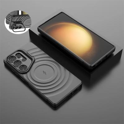 Luxe Pour Magsafe Charge Sans Fil Support d'Objectif Pliant Étui Magnétique Ondulé Pour Samsung Galaxy S25 Ultra Plus Coque Souple Mate