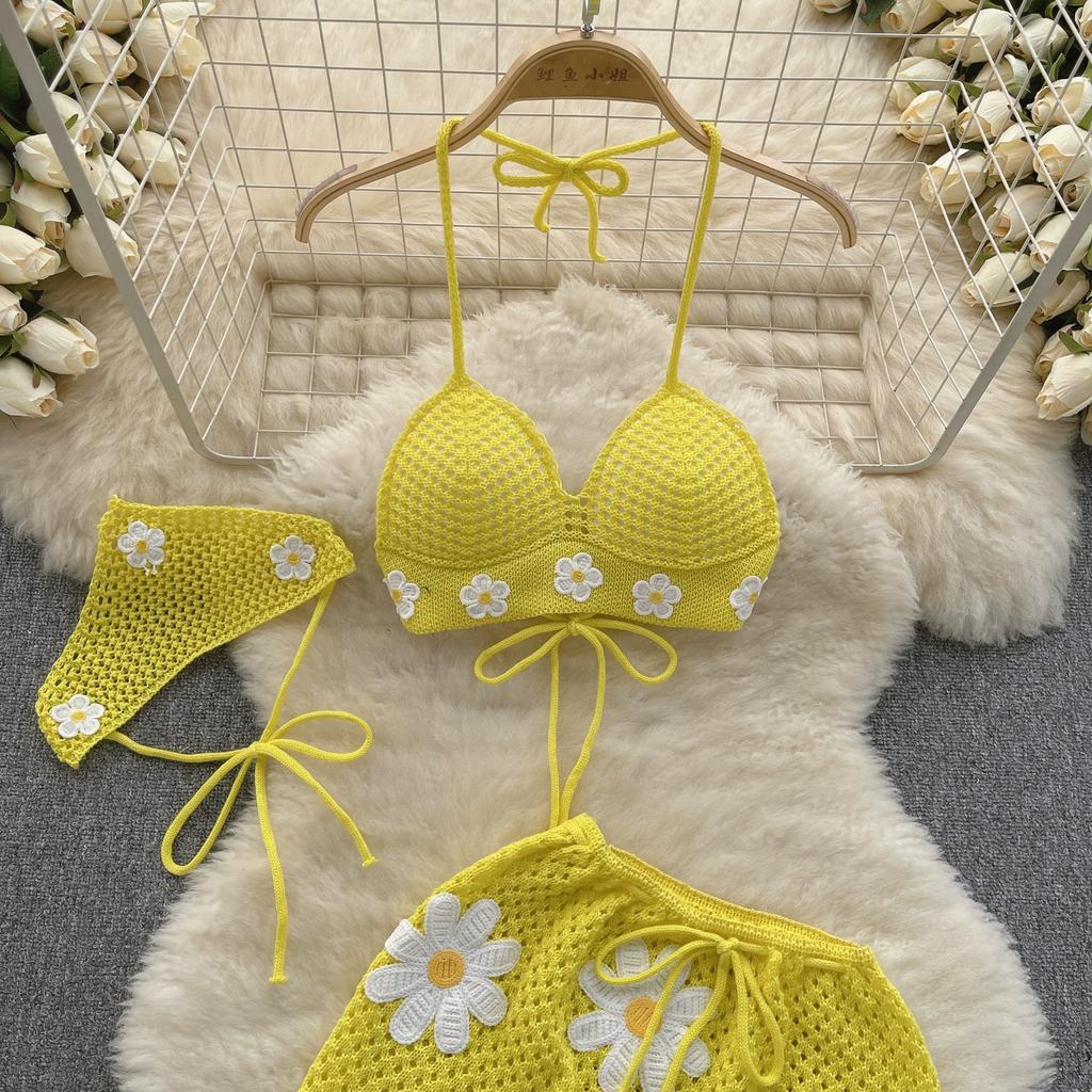 Korean Hollow Out Knitted Suits Women Halter Lace Up Bow Backless Tank Top Drawstring Split Mini Skirt Summer Fashion Sweet Two Pieces Sets