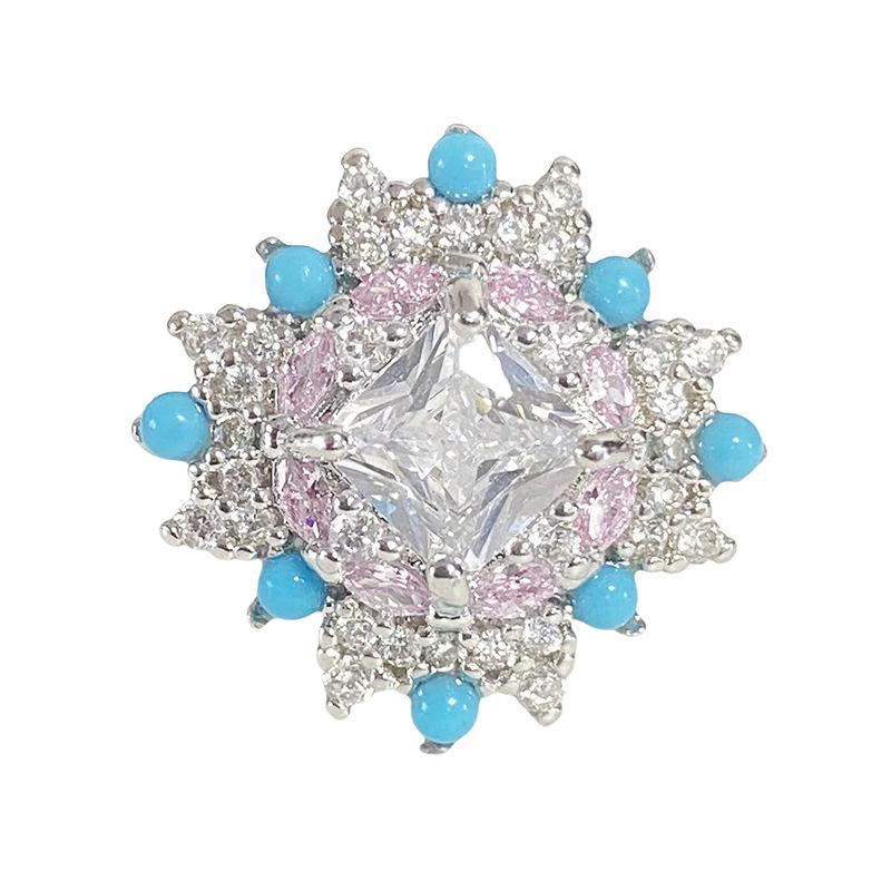 Flowers | Full Of Diamonds, Pink Zircon Imitation Blue Pine Open Ring, Small Daisy High-End Feeling Stacked Ring