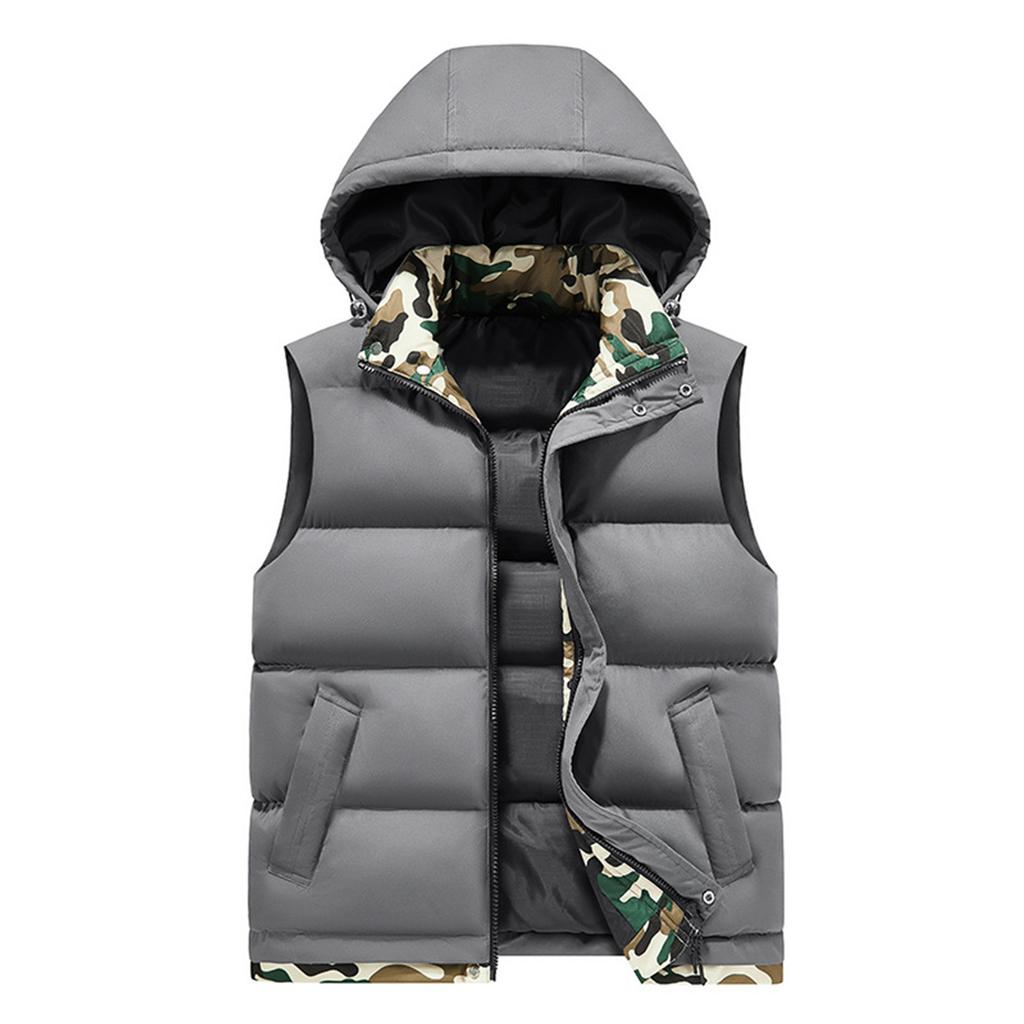 Men's Casual Solid Color Inner Camouflage, Cotton Thickened Windproof Vest, Men's Stand-up Collar Hooded Sleeveless Vest Jacket