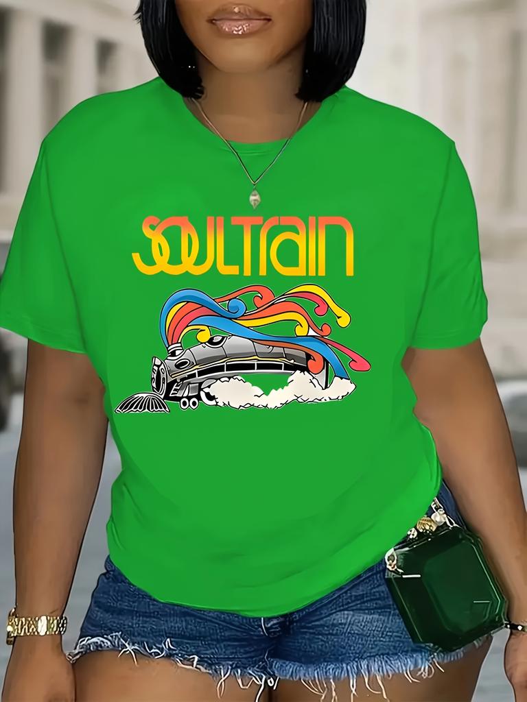 Soul Train Retro Women's Tee - 70s Disco Graphic, Casual Black Top