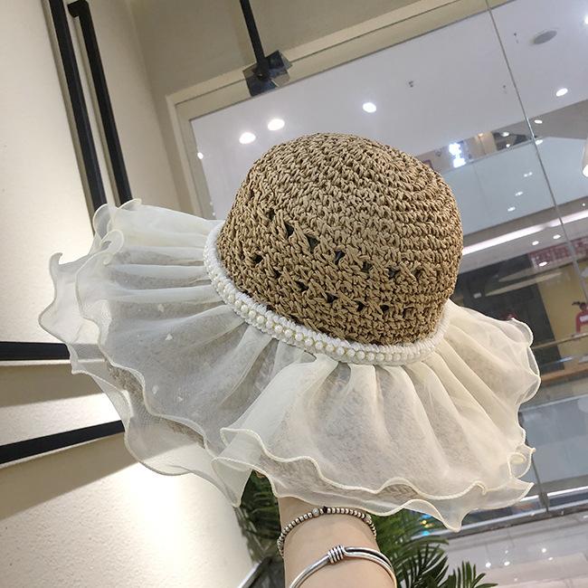 Women's Summer French Style Lace Pearl Trim Straw Woven Hat Wide Brim Japanese Style Beach Sunshade Foldable Sun Protection Hat