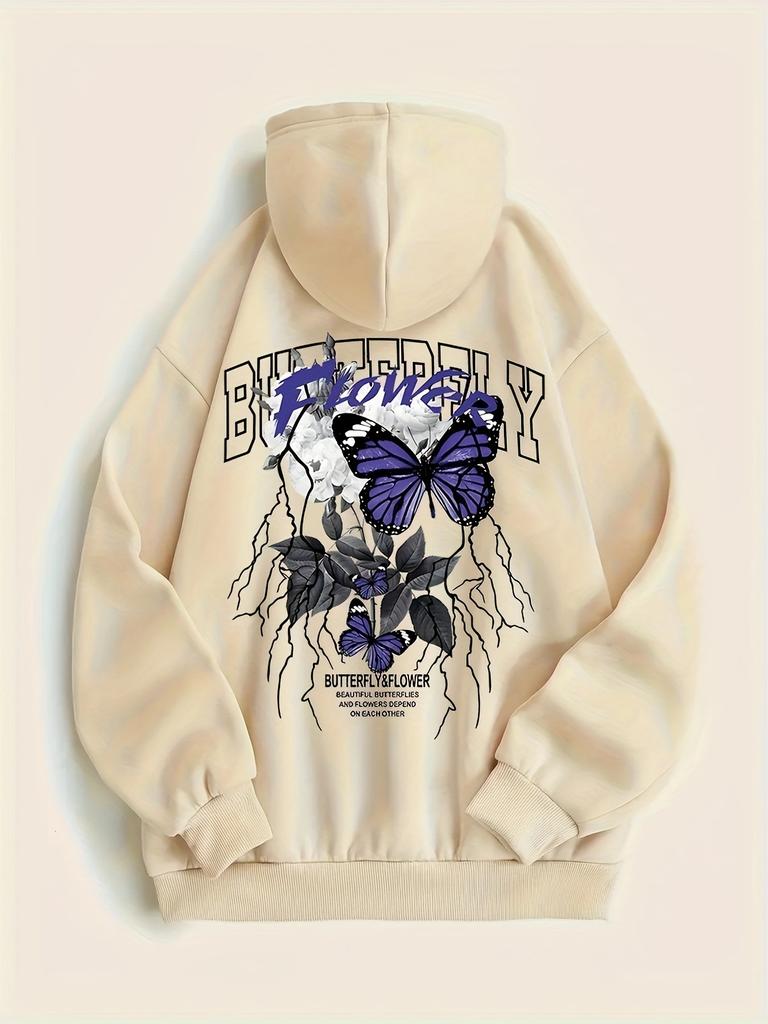 Butterfly Print Kangaroo Pocket Hoodie Casual Long Sleeve Drawstring Hoodies Sweatshirt Women's Clothing Comfortable and Stylish