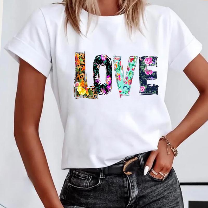 

Летний топ с круглым вырезом, принтом в виде любви, бабочки и цветов, модная повседневная женская футболка из чистого хлопка с коротким рукавом S