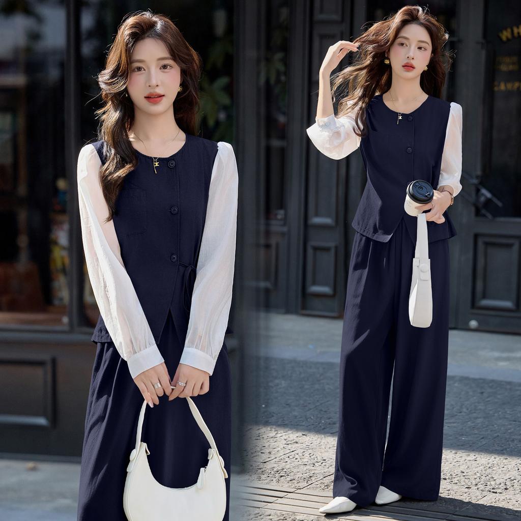 1116 Autumn New Retro Round Neck Fake Two-piece Vest Casual Pants Two-piece Set Women's Fashion Casual Women's Clothing Set