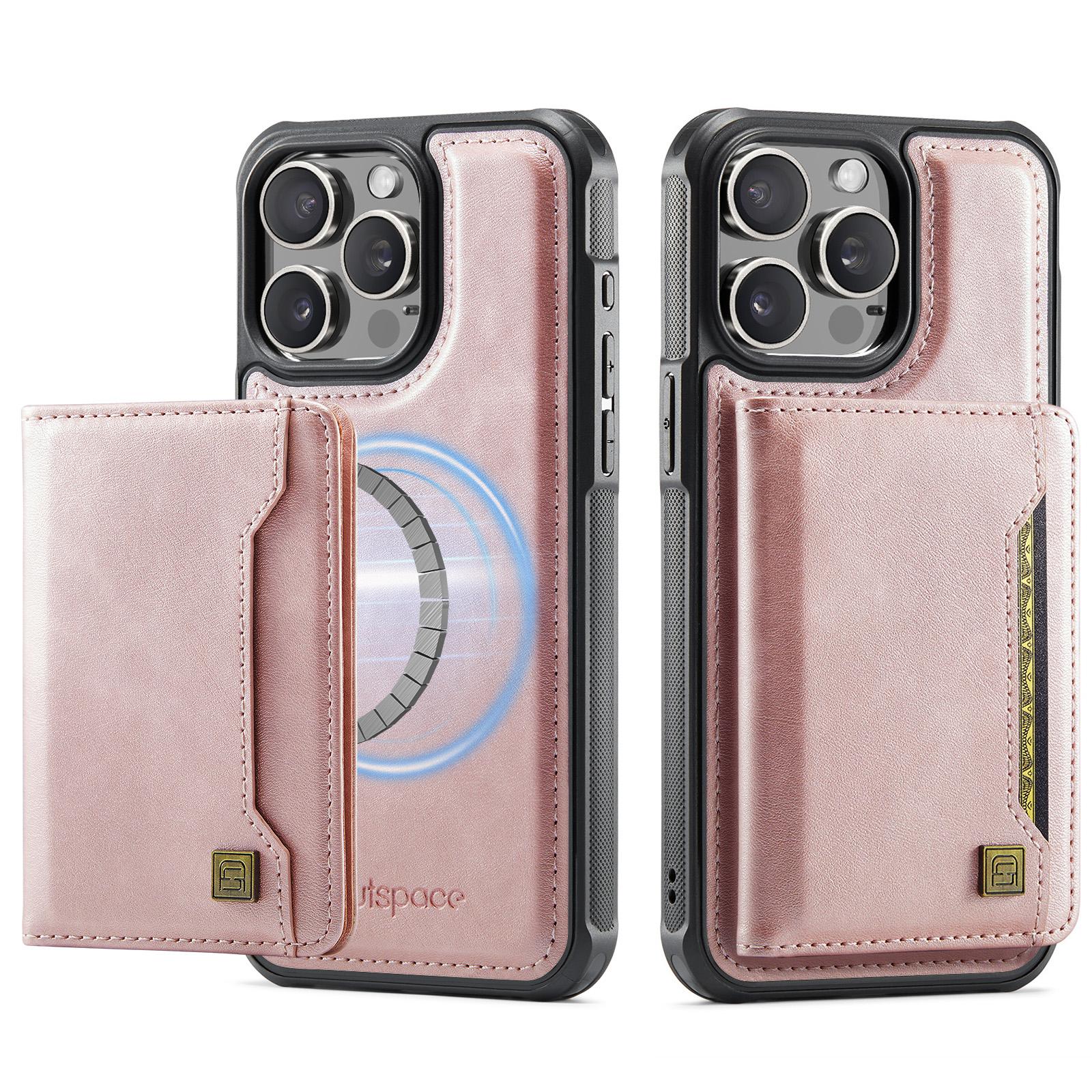 

For iPhone 13 Pro 6.1 inch Case AUTSPACE A13 Vintage Leather Back Cover with Magnetic Detachable Card Bag Rose Gold