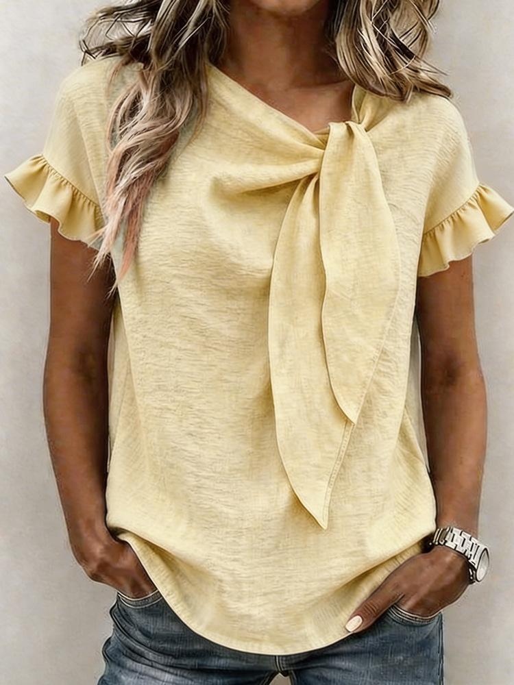 Womens Casual Solid Color Round Neck Short Sleeve Bow Knot T Shirt