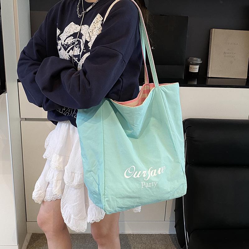 Lazy Wind Striped Canvas Bag, Available On Both Sides, Tote Bag, Women's Large-capacity Shoulder Shopping Bag