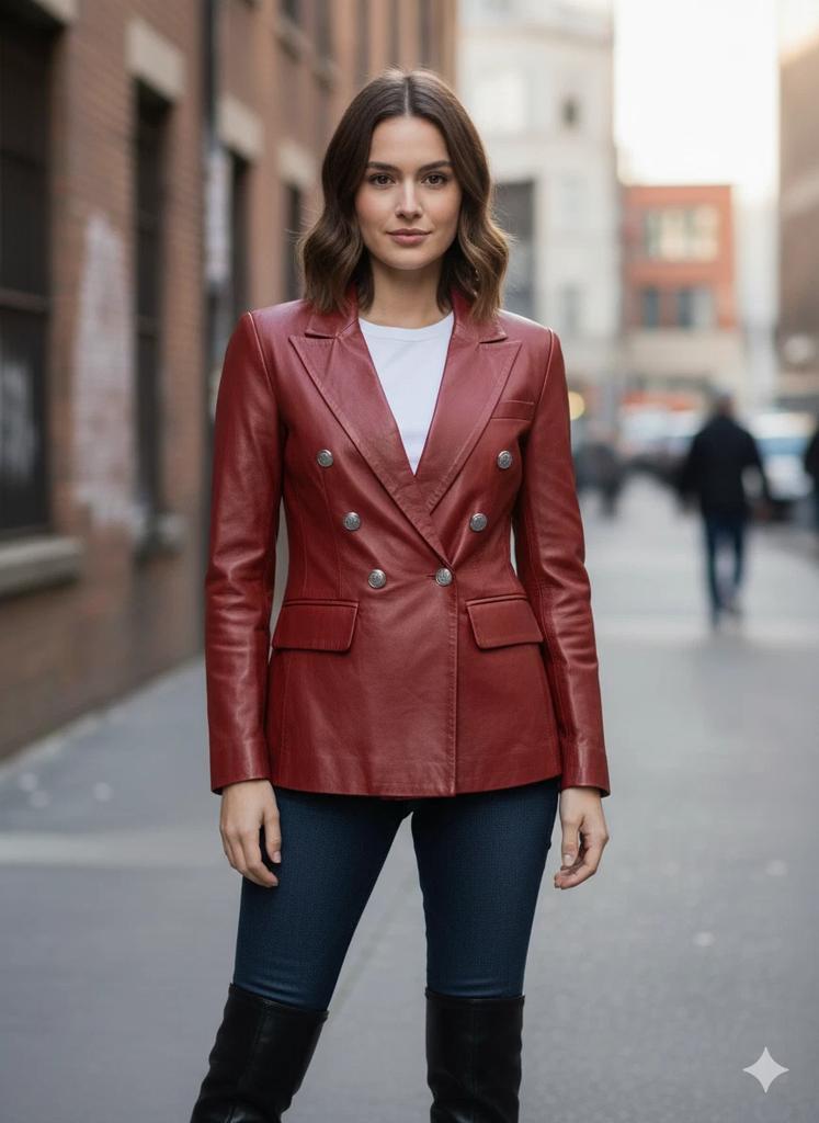 Leather Genuine Women's New Handmade Maroon Blazer Office Formal Stylish Lambskin