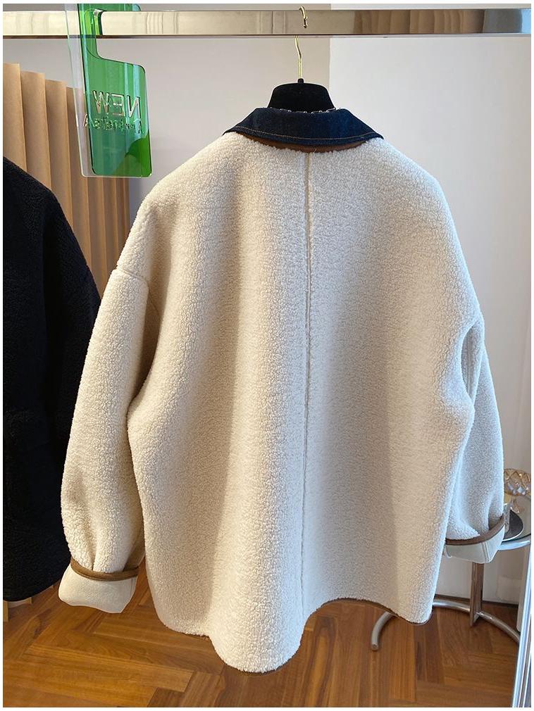 Women's Loose Fit Denim Patchwork Lambswool Jacket - Korean Style Autumn/Winter Plus Size Fur Top