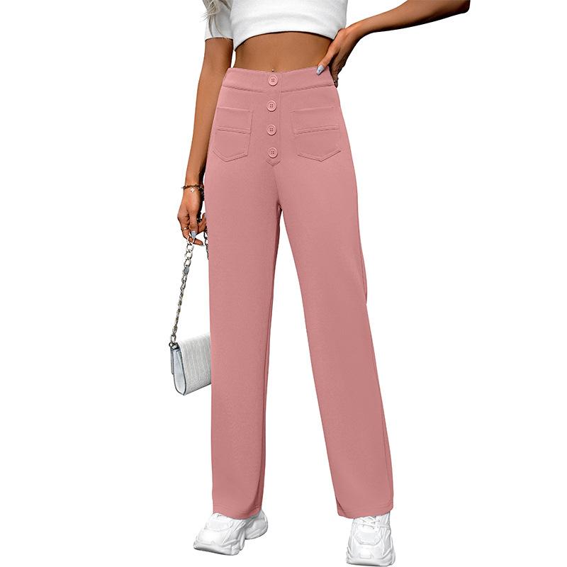 Women Casual High Waist Button Pocket Loose Straight Long Pants