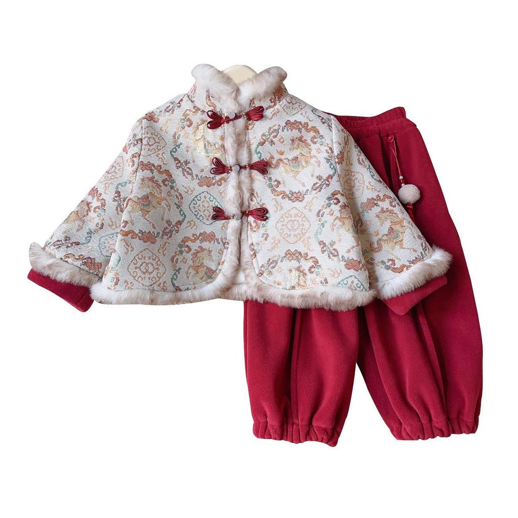 Girls' Winter Chinese Style Suit: New Arrival Thickened Jacket & Trousers Two-Piece Set