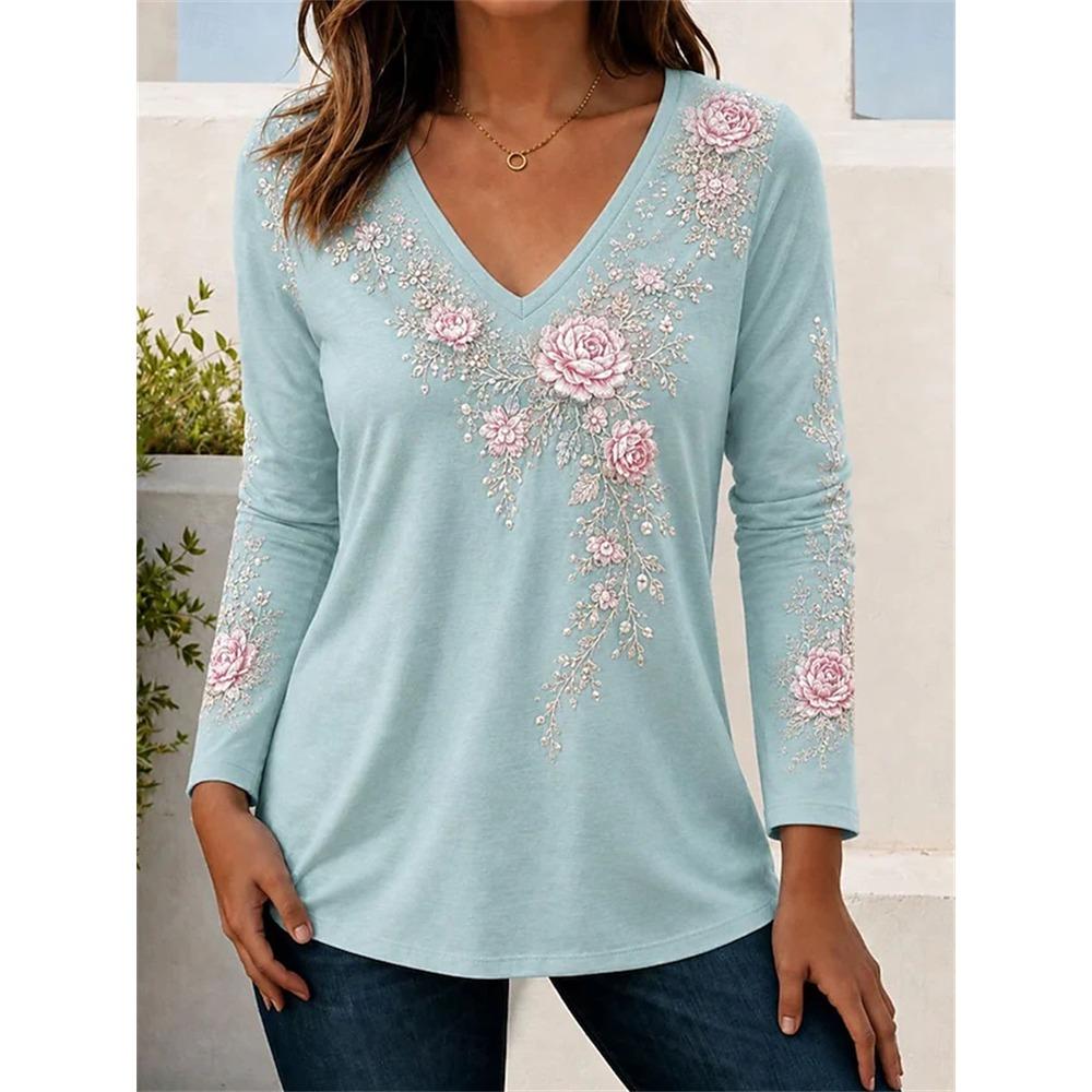 Elegant Women's Autumn Top V-Neck Vintage-Print Long-Sleeve T-Shirt Loose Comfortable and Stylish for Streetwear or Outdoor Wear