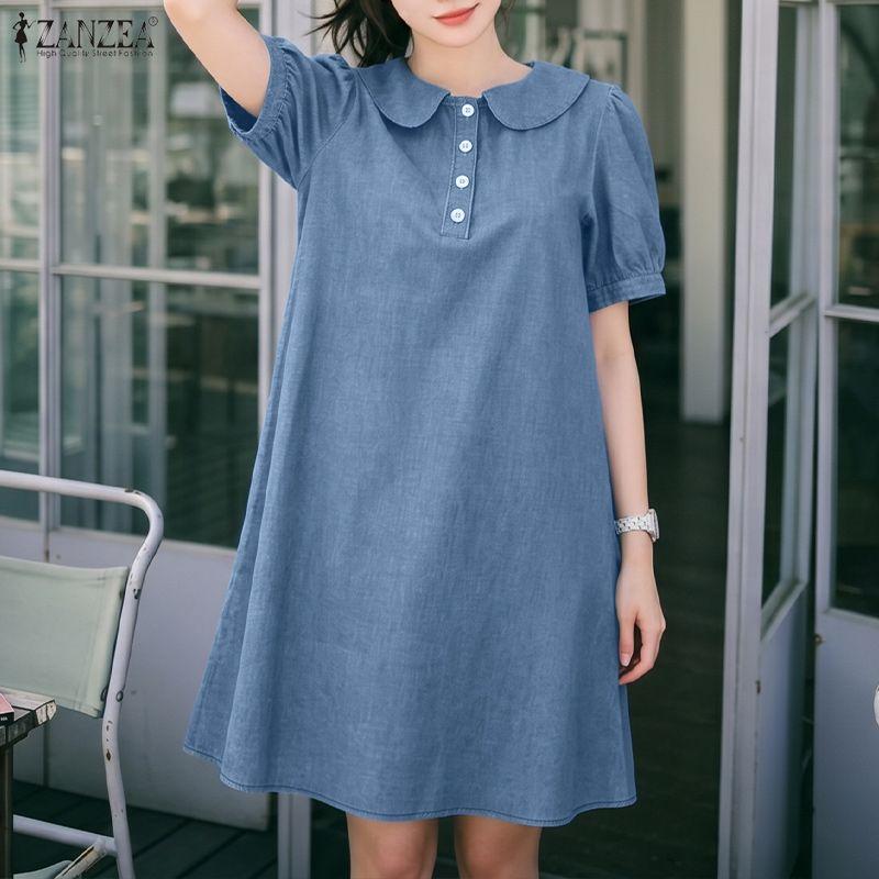 

ZANZEA Women Elegant Doll Collar Solid Color Casual Short Sleeve Dress 2XL світло-синій колір