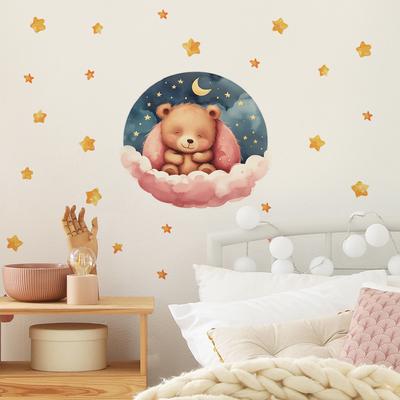Cartoon Goodnight Bear Stars Wall Sticker Self-Adhesive for Kids Room Bedroom Home Background Decoration