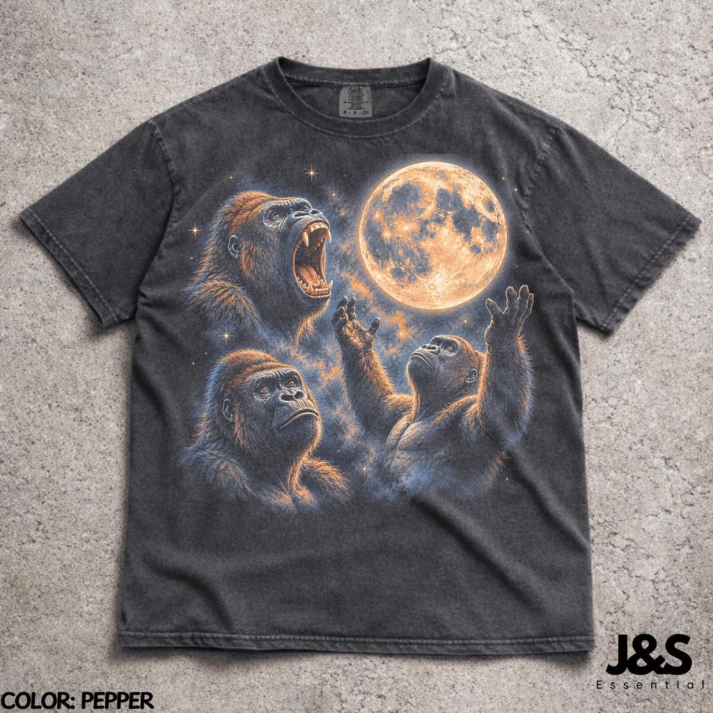 Three Gorilla Moon Shirt, Funny Gorilla Graphic Tee, Vintage Ape Moon Shirt, Retro Wildlife Animal Nature Tee