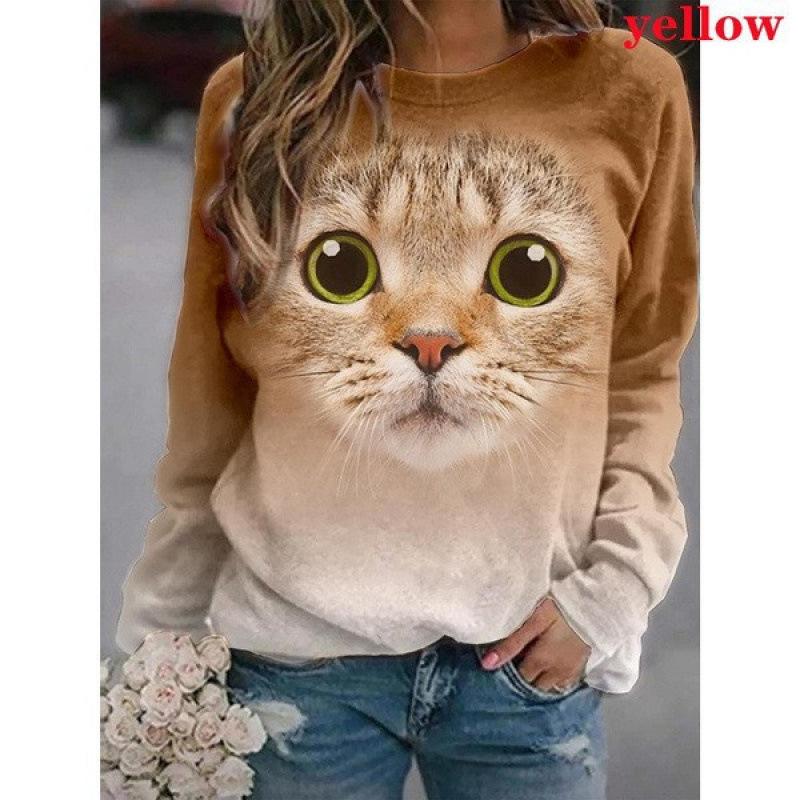 Höst 3D Katt Tryckta Sweatshirts Trendiga Casual Sport Långärmade Dam Sweatshirts