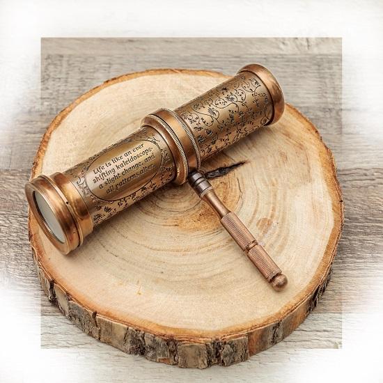 Brass Kaleidoscope 13.97 Cm Engraved Floral Design, Steampunk Brass Decor, Nautical Optical Collectible, Unique Retro Art Gift