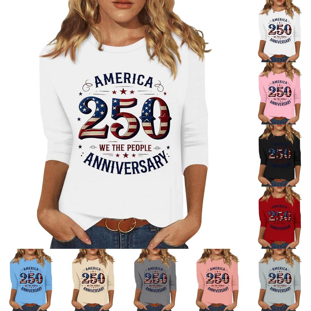 Women's Fashionable Casual Three-Quarter Sleeve 250th Anniversary Independence Day Print Neck Sweater