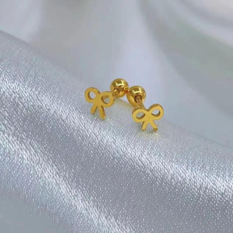 Simple Stainless Steel Bow Small Studs Earrings For Women Girl Tiny Screw Back Piercing Accessories Gifts