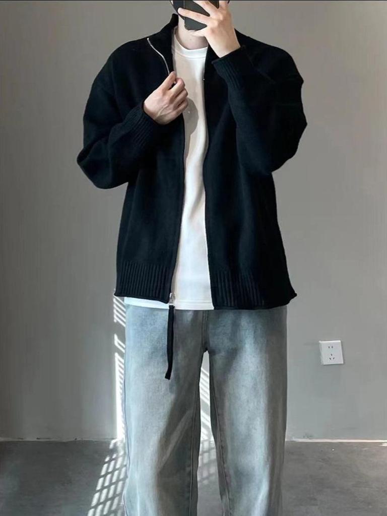 Men's Korean Style Stand Collar Zipper Knit Cardigan - Autumn/Winter Casual Loose Fit