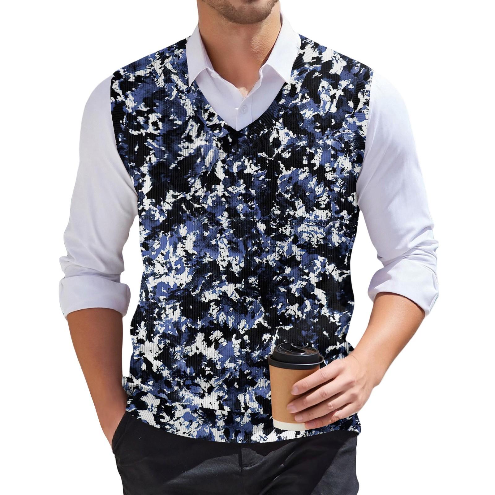 

Чоловічий модний в язаний пуловер без рукавів з V-подібним вирізом та принтом XL Темно-синій