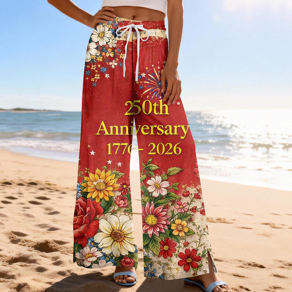 Dámské letní boho palazzo kalhoty s vysokým pasem a širokými nohavicemi, tisk, ležérní kalhoty s kapsami