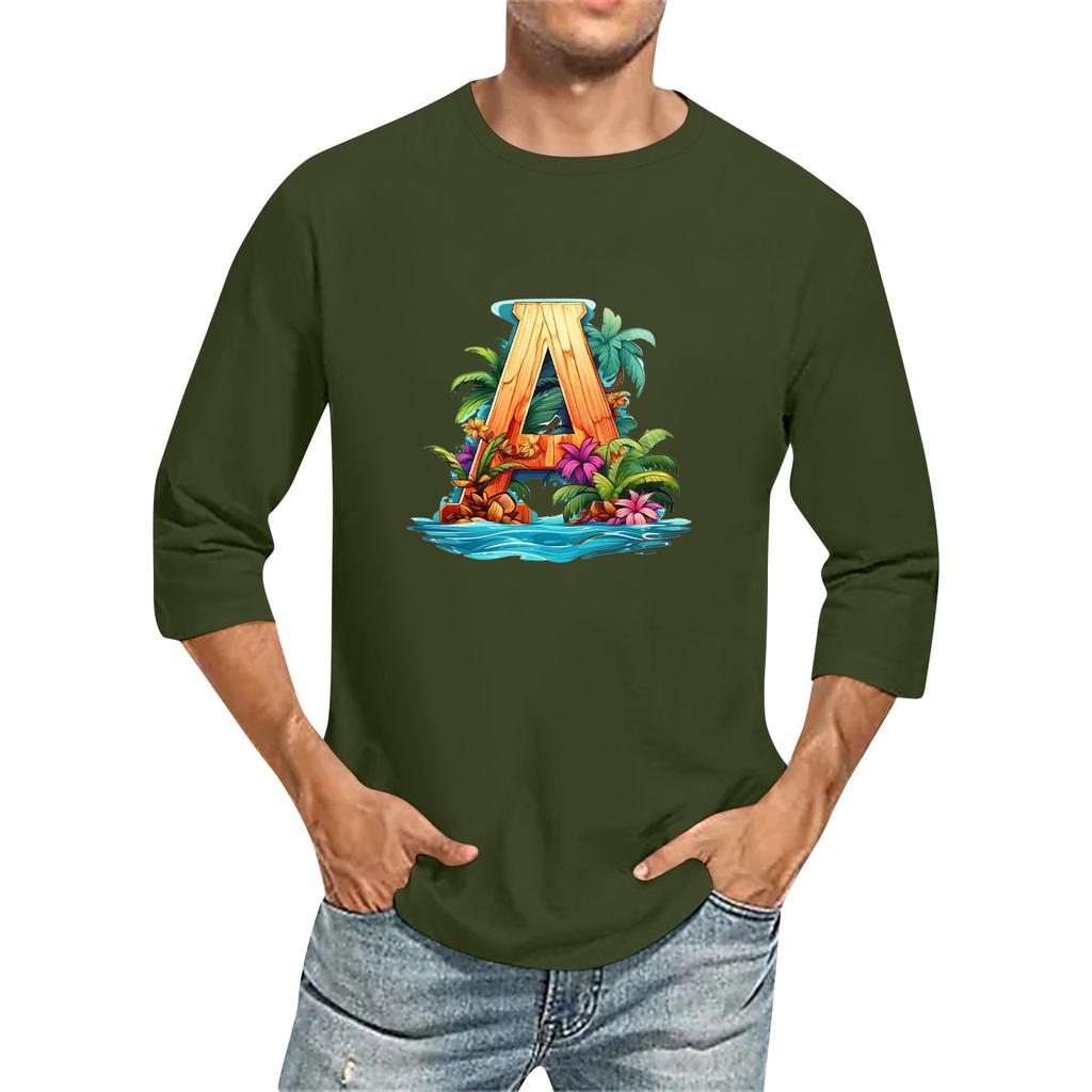 Camiseta de manga tres cuartos con cuello redondo y color liso para hombre