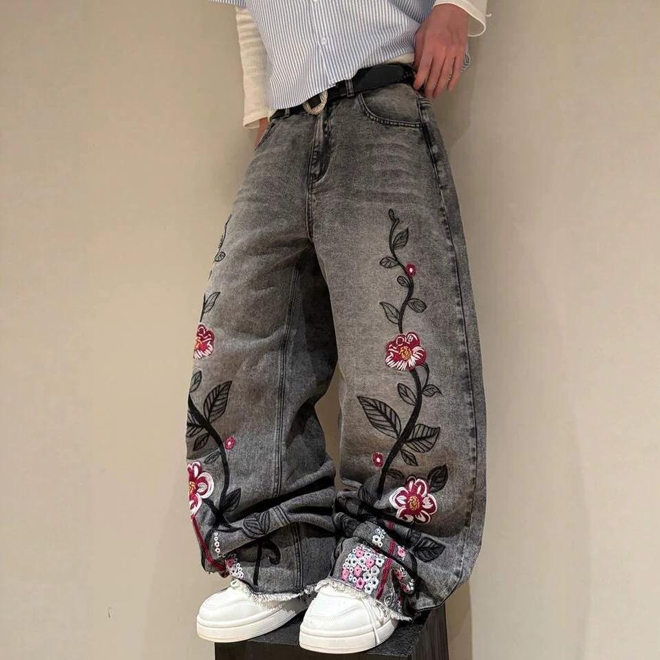European and American Street Gothic Embroidered Jeans K Men's and Women's Retro Fashion Straight Denim Trousers
