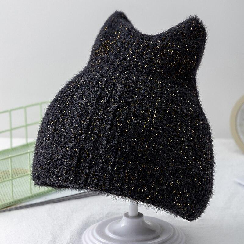 Neue Frauen Nette Katze Ohr Winter Hut Doppel-schicht Kaninchen Pelz Hut Stilvolle Weiche Beanie Hut Für Frauen Warme grils Gestrickte Hut