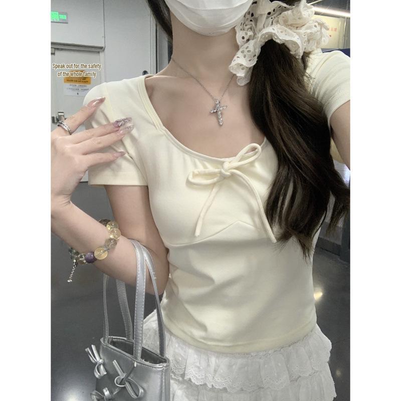 Spring/Summer Korean Style Slim-Fit Bow Tie Lace-Up Short-Sleeved T-Shirt for Women