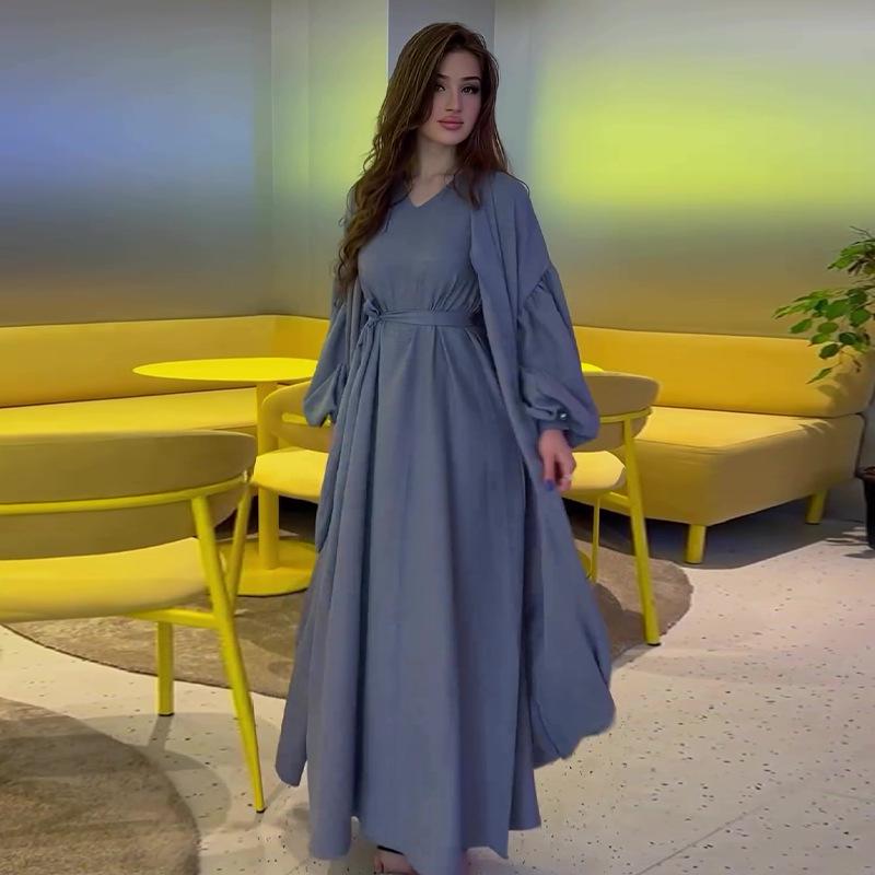 

Осень 2024 Европейский и американский однотонный V-образный вырез, завязка на талии, облегающий длинный халат, комплект платья XXL темно-синий