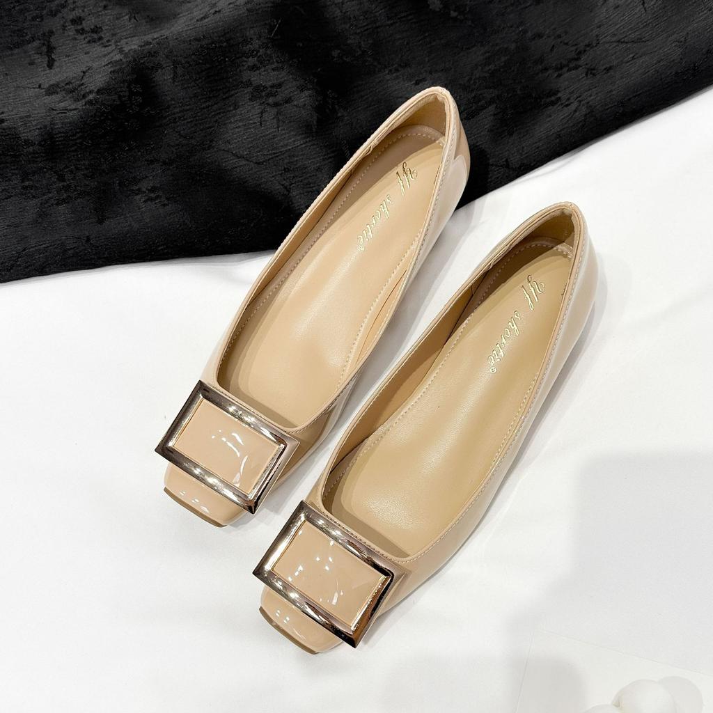 Height Increase 5cm Metal Square Buckle Classic Patent Leather Flat Shoes Women's 2025 New French Square Head Shallow Mouth Single Shoes