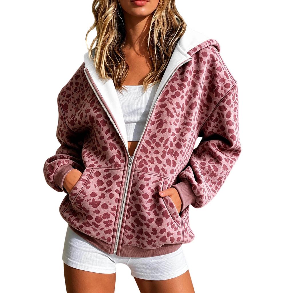Damen Kapuzenpullover mit Reißverschluss und Leopardenmuster, lockerer, lässiger Cardigan mit langen Ärmeln