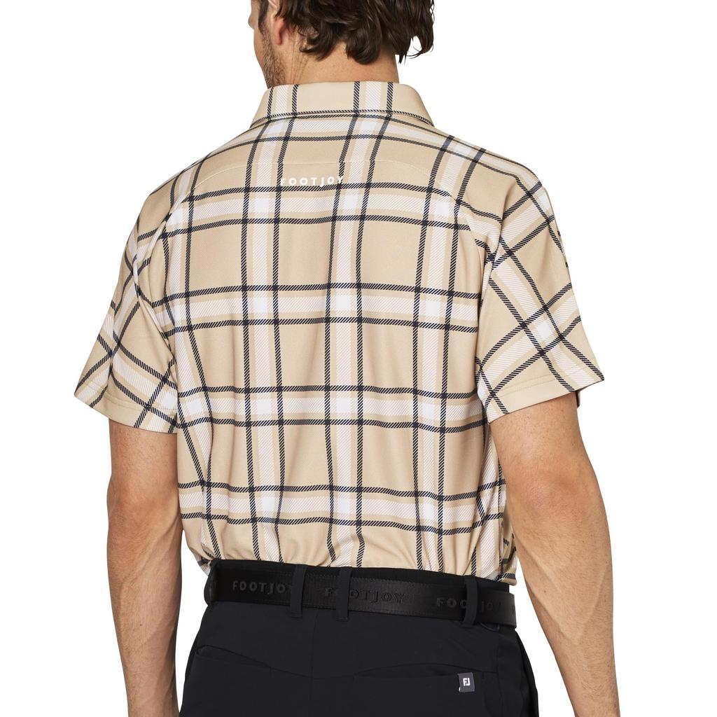FootJoy Men's Beige Check Print Short Sleeve Pique Golf Shirt, Size XL (FJ-S25-S04, 35037-XL)