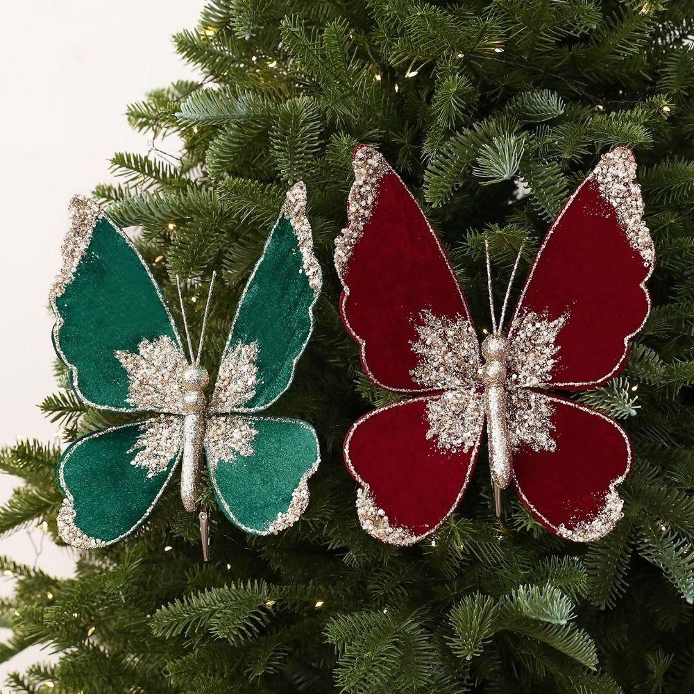 Multicolor Butterfly Ornament Flocked Fabric Flocked Butterfly Decor  For Xmas Holiday