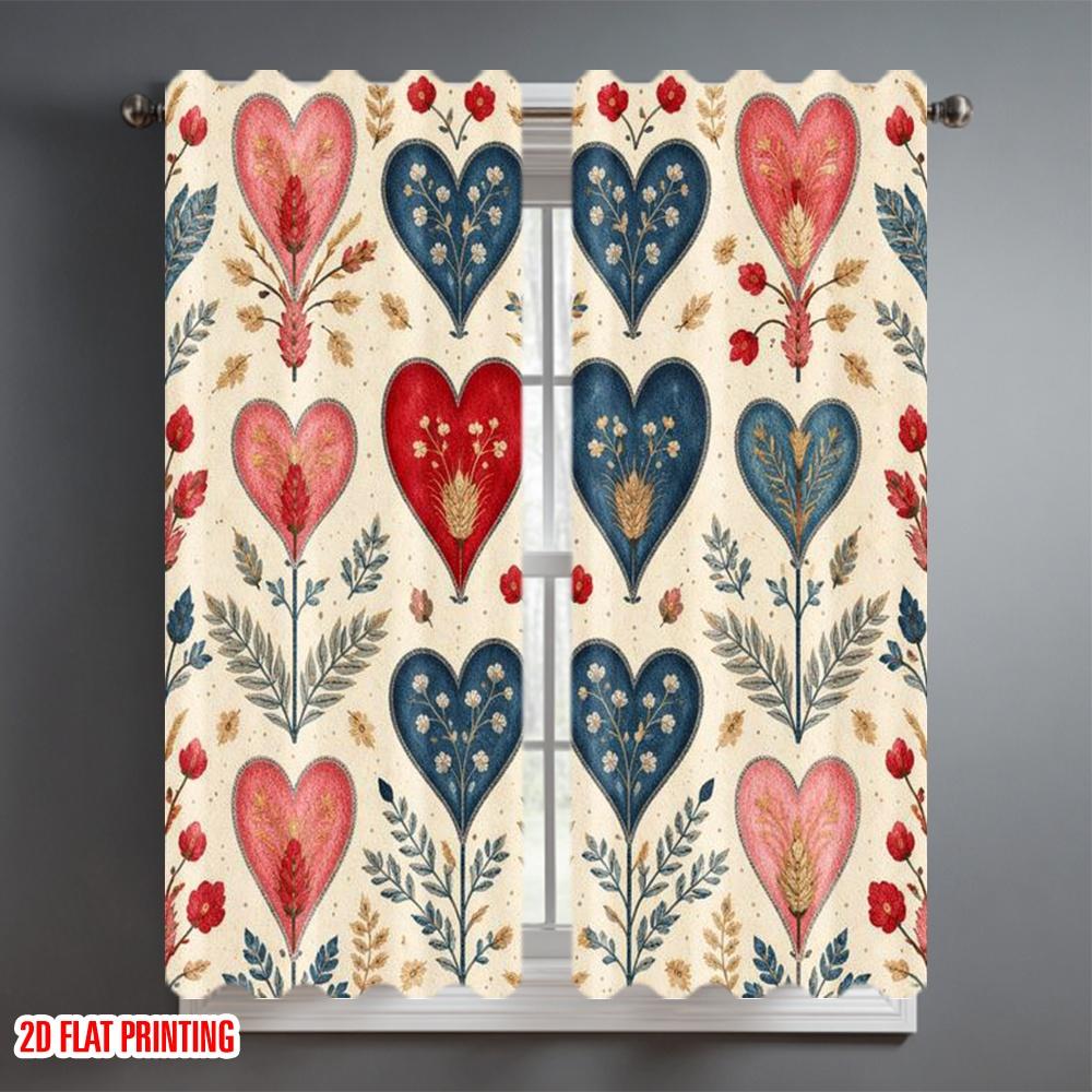2D Flat Printing 2pcs Curtain Window Curtains Valentine's Heart Flowers Digital Printed Polyester Drapes Party Decorations