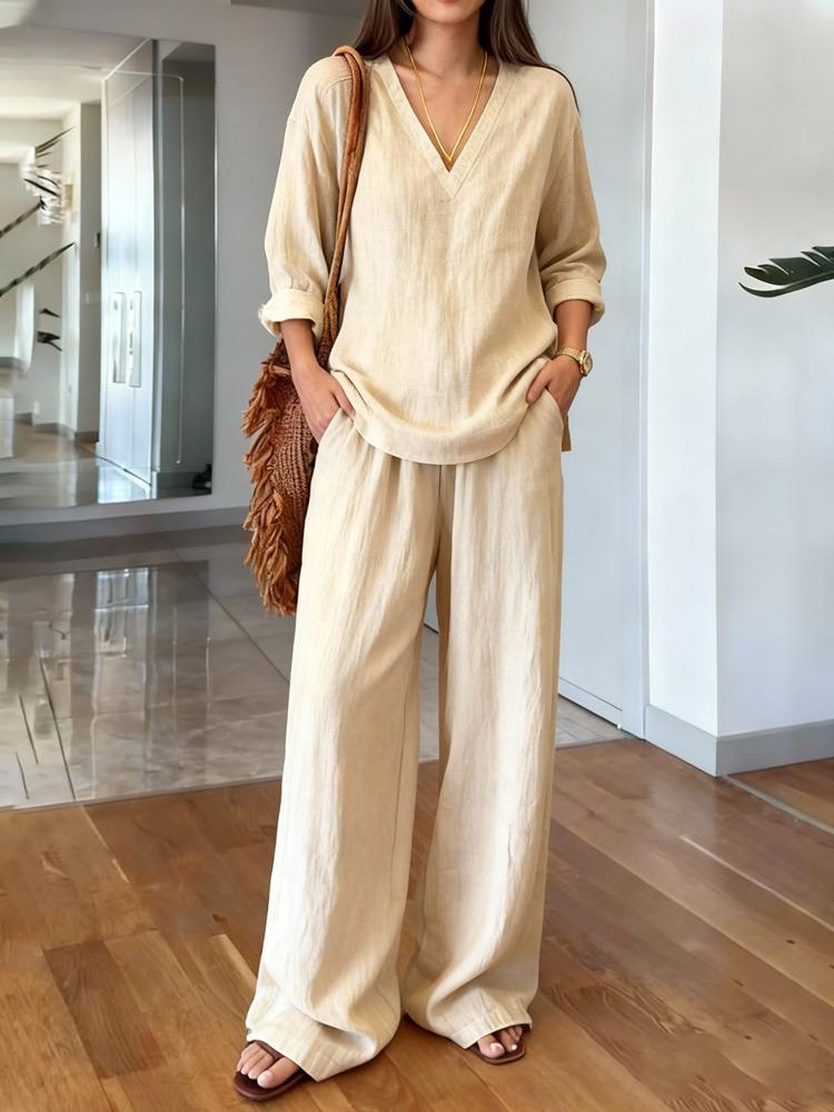 New 2026 Solid Color V-Neck Pullover & Long Sleeve Casual Pants Washed Cotton Two-Piece Set