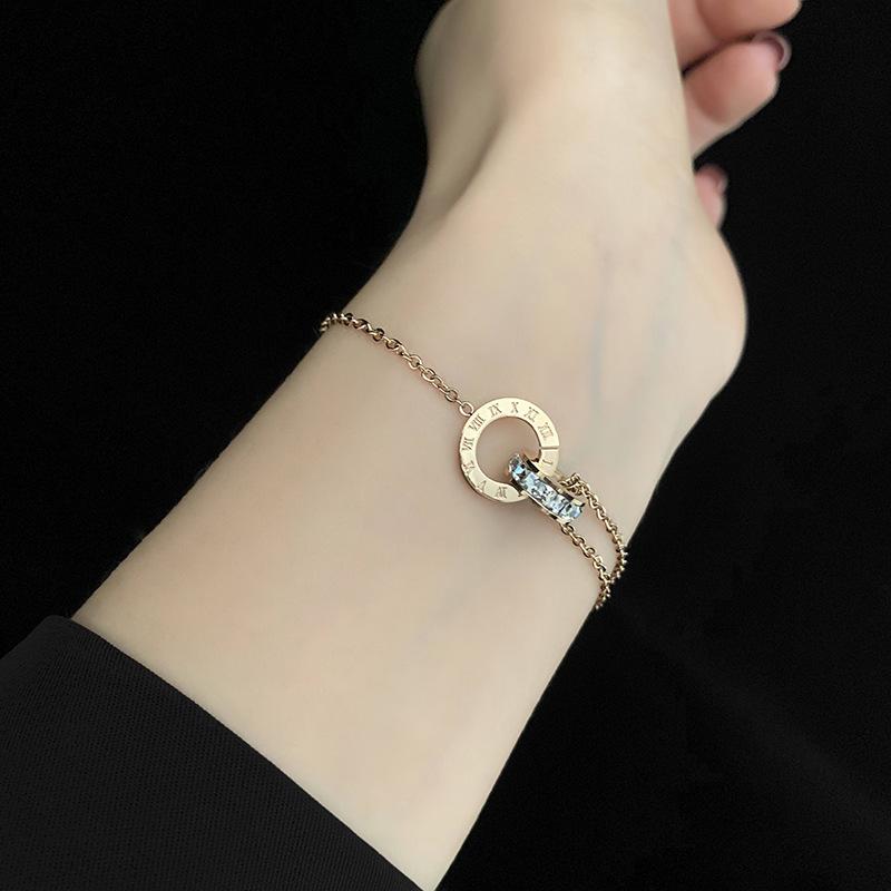 Classic Stainless Steel Dazzling Zircon Bracelet Women Girls Roman Number Double Ring Design Fashion Charm Party Jewelry Gifts